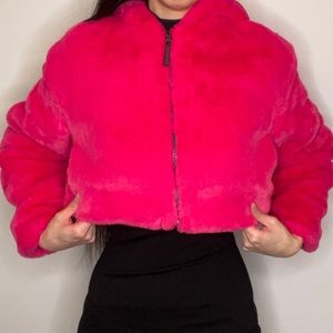 Bershka Fuchsia Pink Faux Fur Crop Hooded Jacket size M streetwear teddy y2k